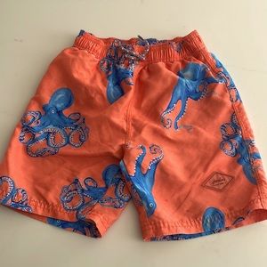 Joules Boys Swim Trunks. Orange with blue Octopus